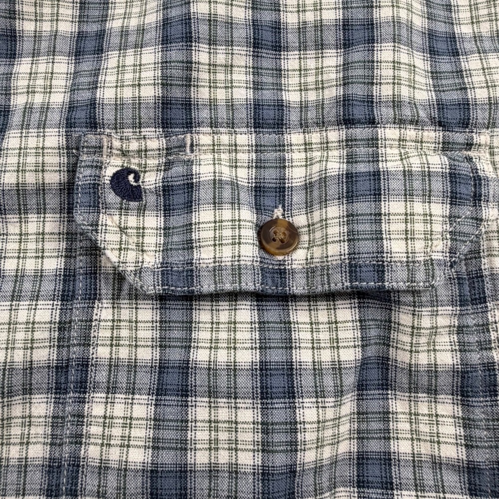 VTG Carhartt Button Down Shirt Mens 2XL Blue Plaid Short Sleeve Relaxed Fit - Picture 4 of 8